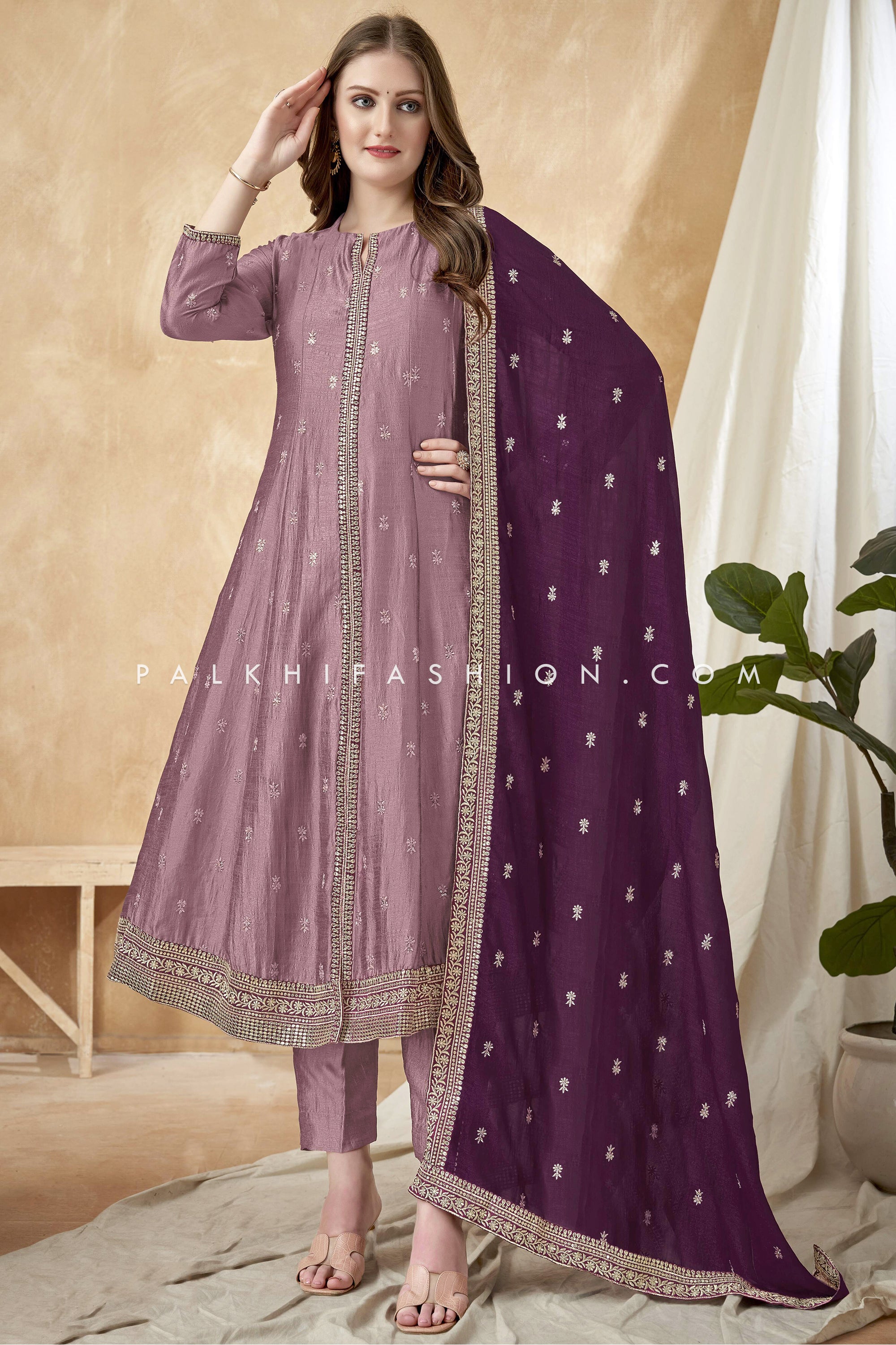 Buy Mauve Pink Embroidered Anarkali Suit Online in USA with Dupatta – Pure  Elegance